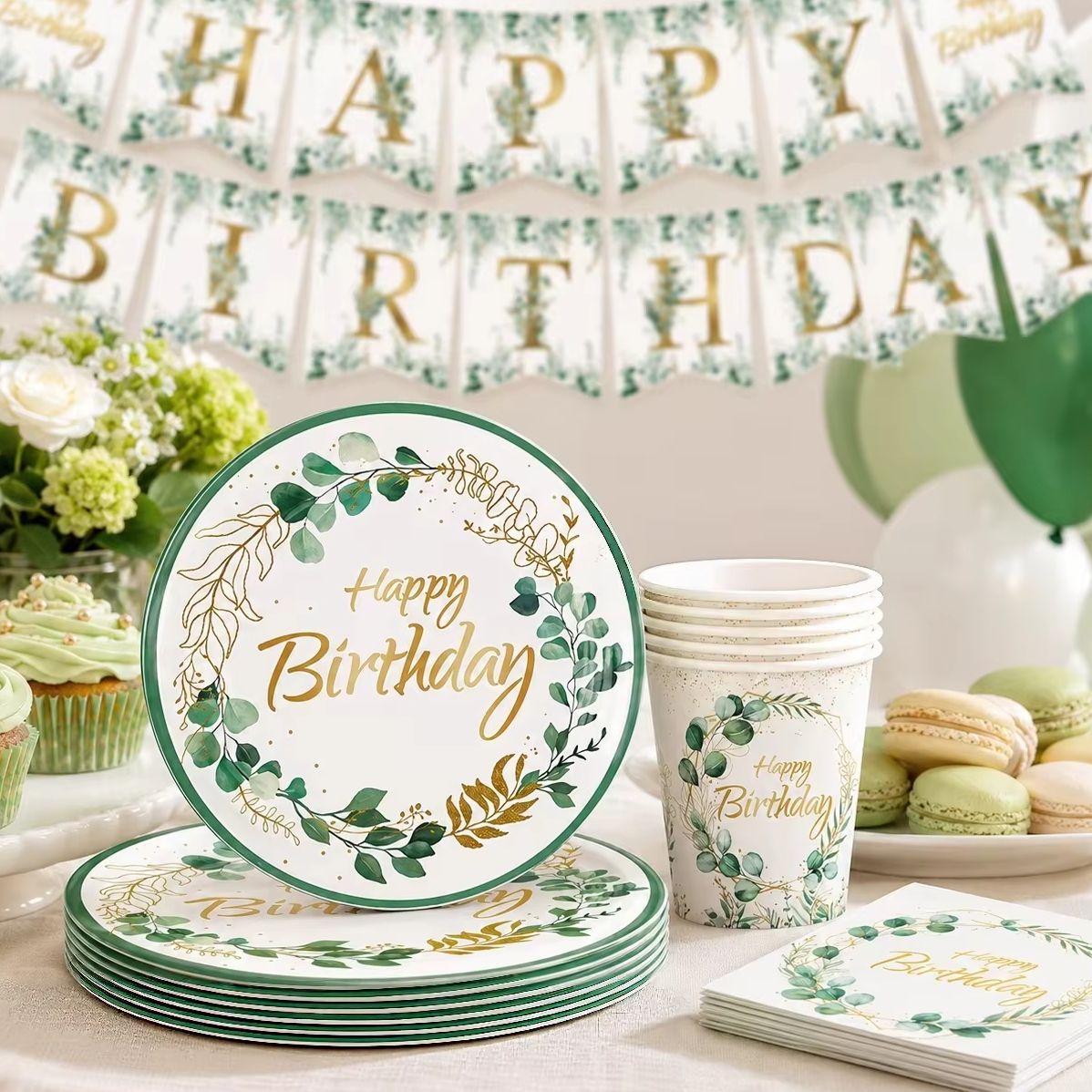 Eucalyptus Preserved - ユーカリの葉のドライフラワー誕生日パーティーデコレーションセット、誕生日テーブルクロス、プレート、ナプキン、カップ、食器、パーティー記念品